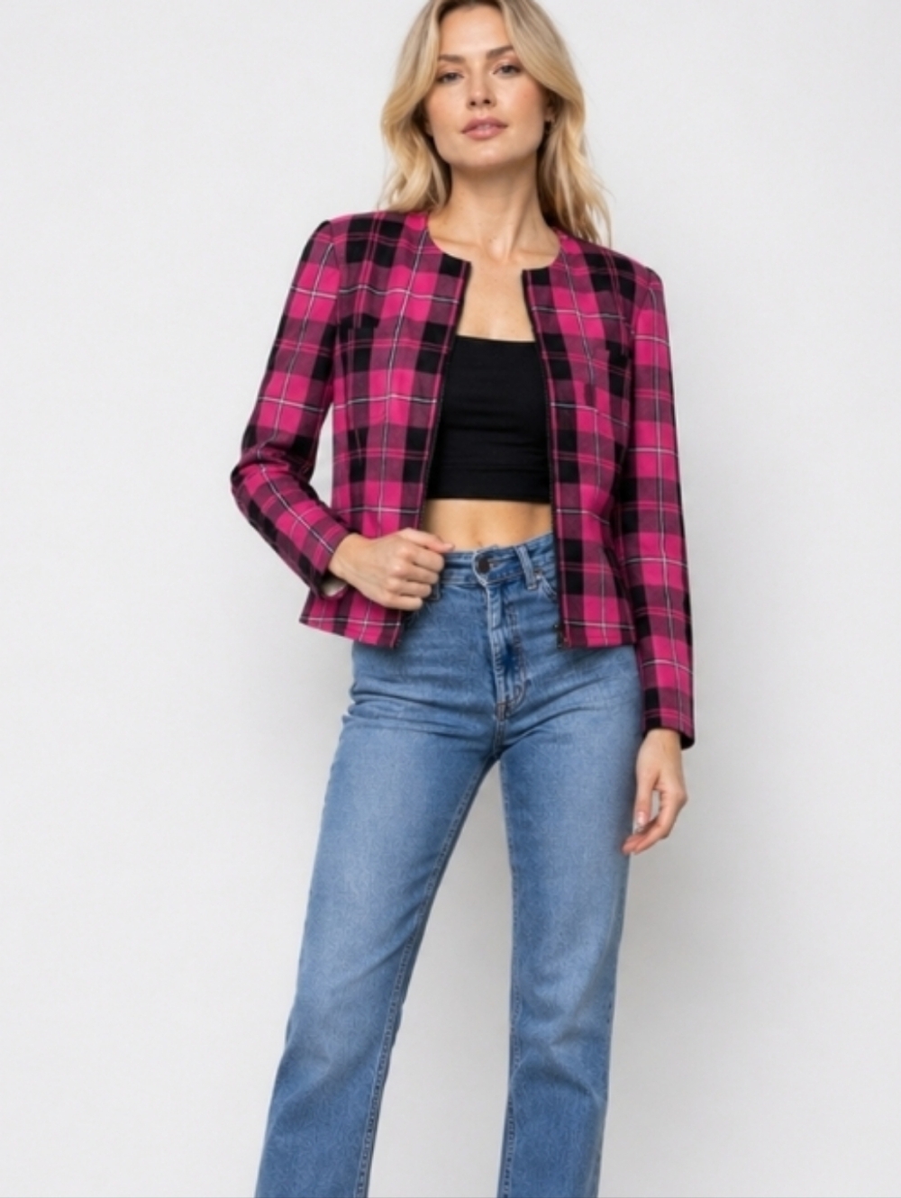 Maggy London | Pink Black Plaid Cropped Jacket